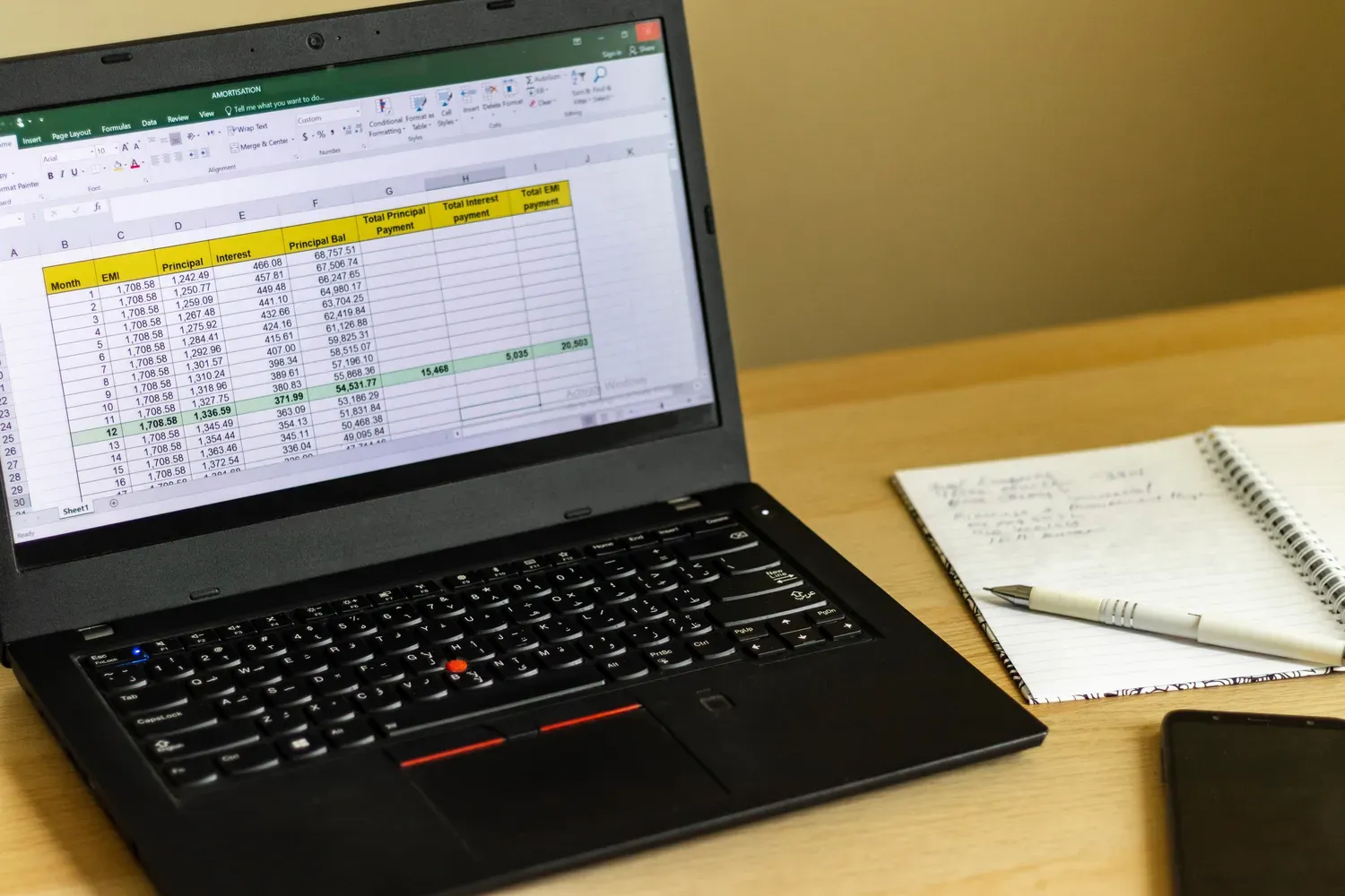 Computer on a desk showing excel pulled up