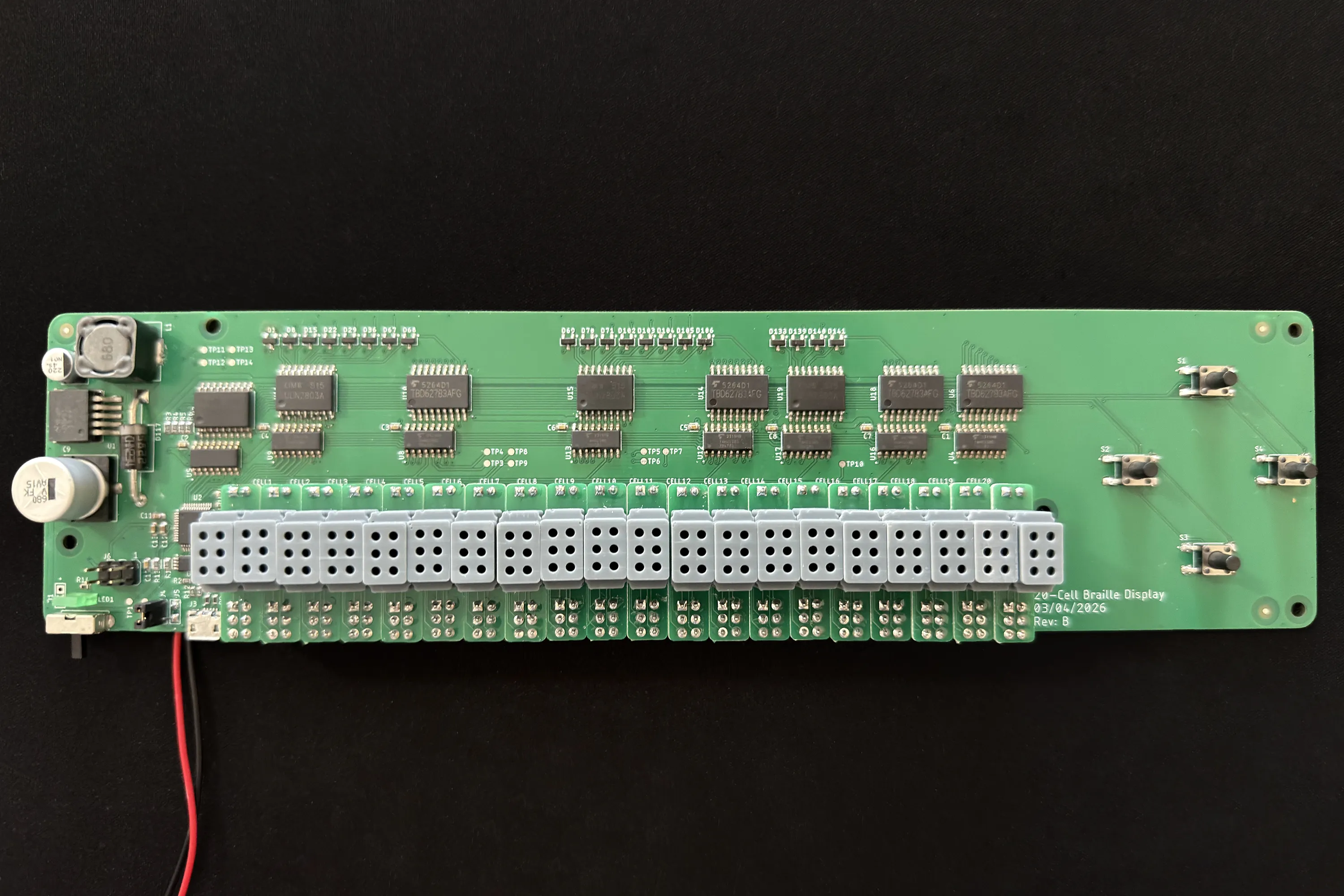 Closeup of a refreshable braille display prototype built by Shawnee State Computer Engineering Technology students Parker Lauders Kade Dancy