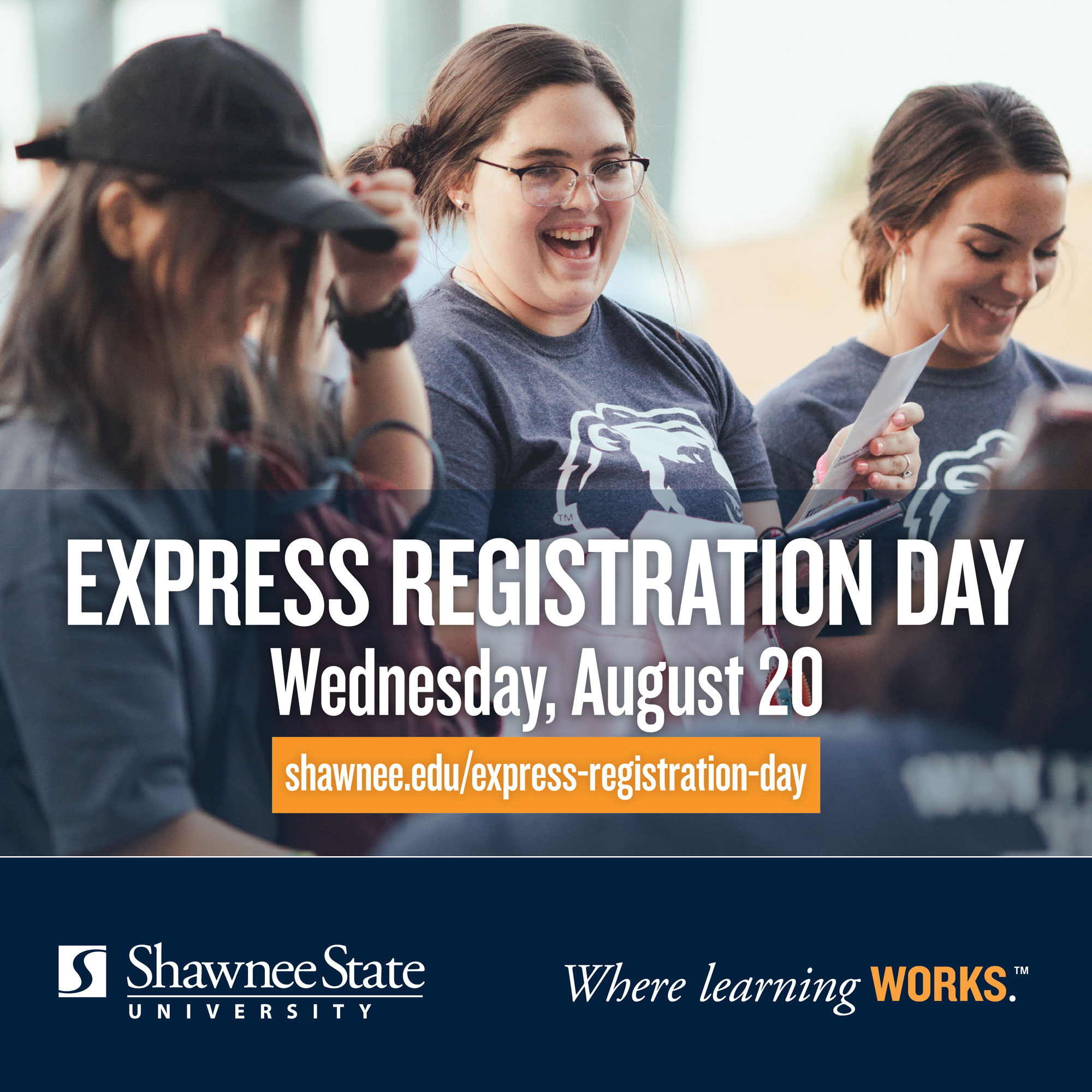 Three college-aged people sit together laughing and looking at papers during a campus registration event. Overlaid text reads “Express Registration Day — Wednesday, August 20” and “shawnee.edu/express-registration-day.” The Shawnee State University logo and the tagline “Where learning WORKS.” appear along the bottom.