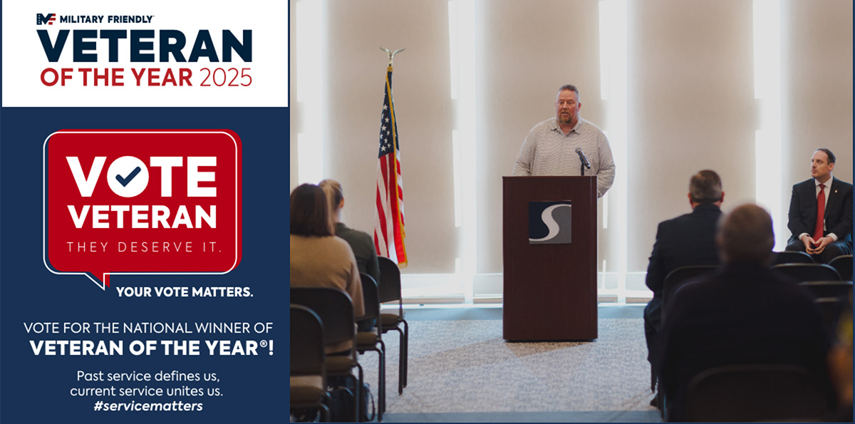 Brian Caudill speaks at a podium while a graphic beside him promotes voting for the 2025 Military Friendly Veteran of the Year.
