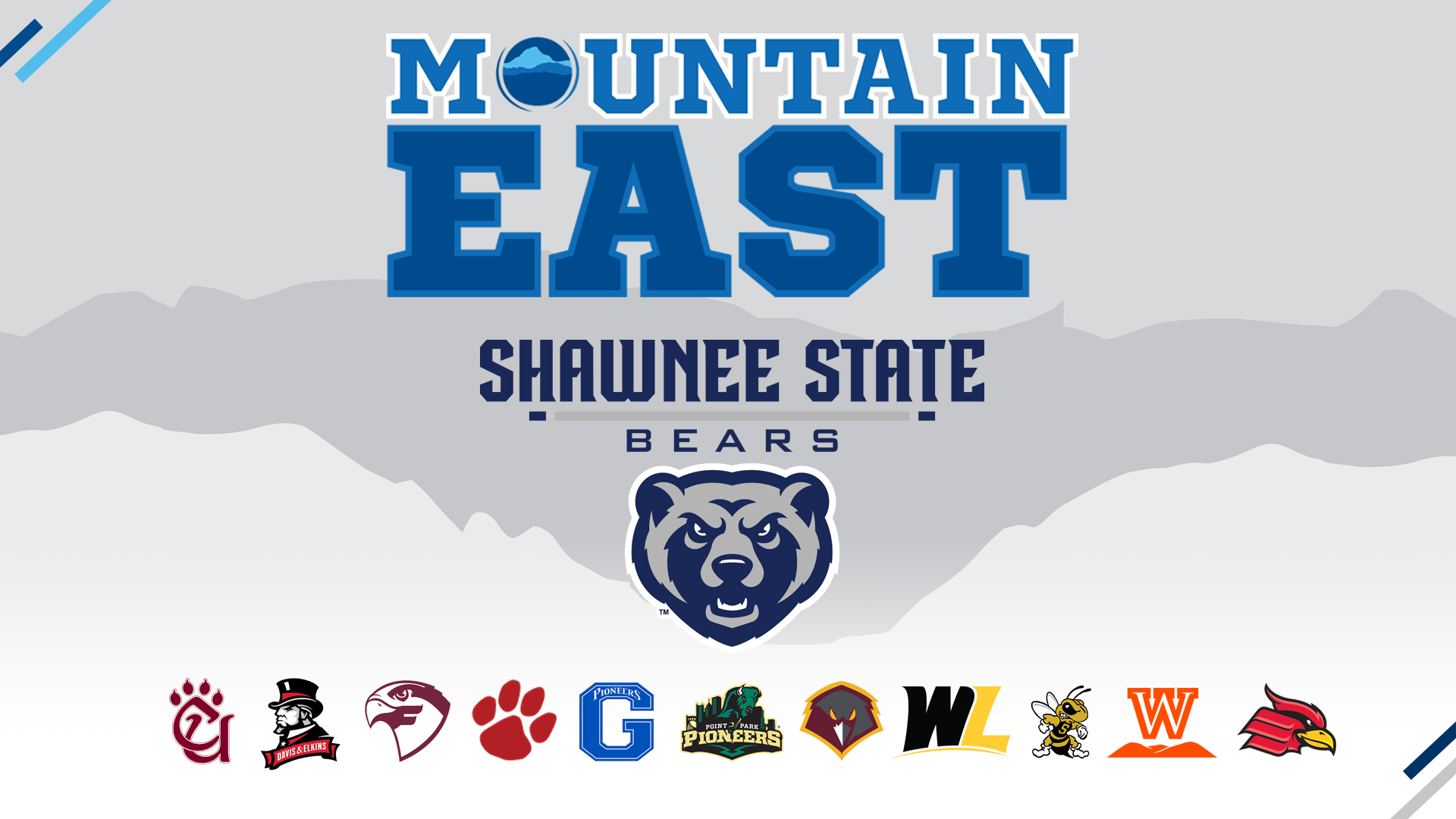 "Mountain East, Shawnee State Bears" above the logos of all schools in the conference
