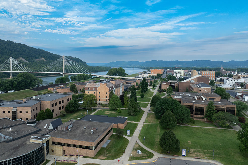 drone photo showing SSU Campus and Ohio River