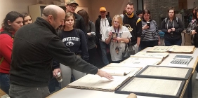 Shawnee State University Dr. Andrew Feight discusses the Historic Portsmouth Newspaper Digitization Project with students from his Ohio History course.