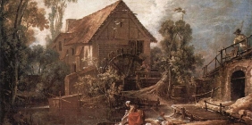 detail of a painting showing a mill