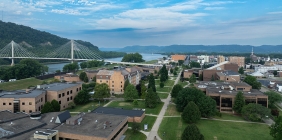 drone photo showing SSU Campus and Ohio River